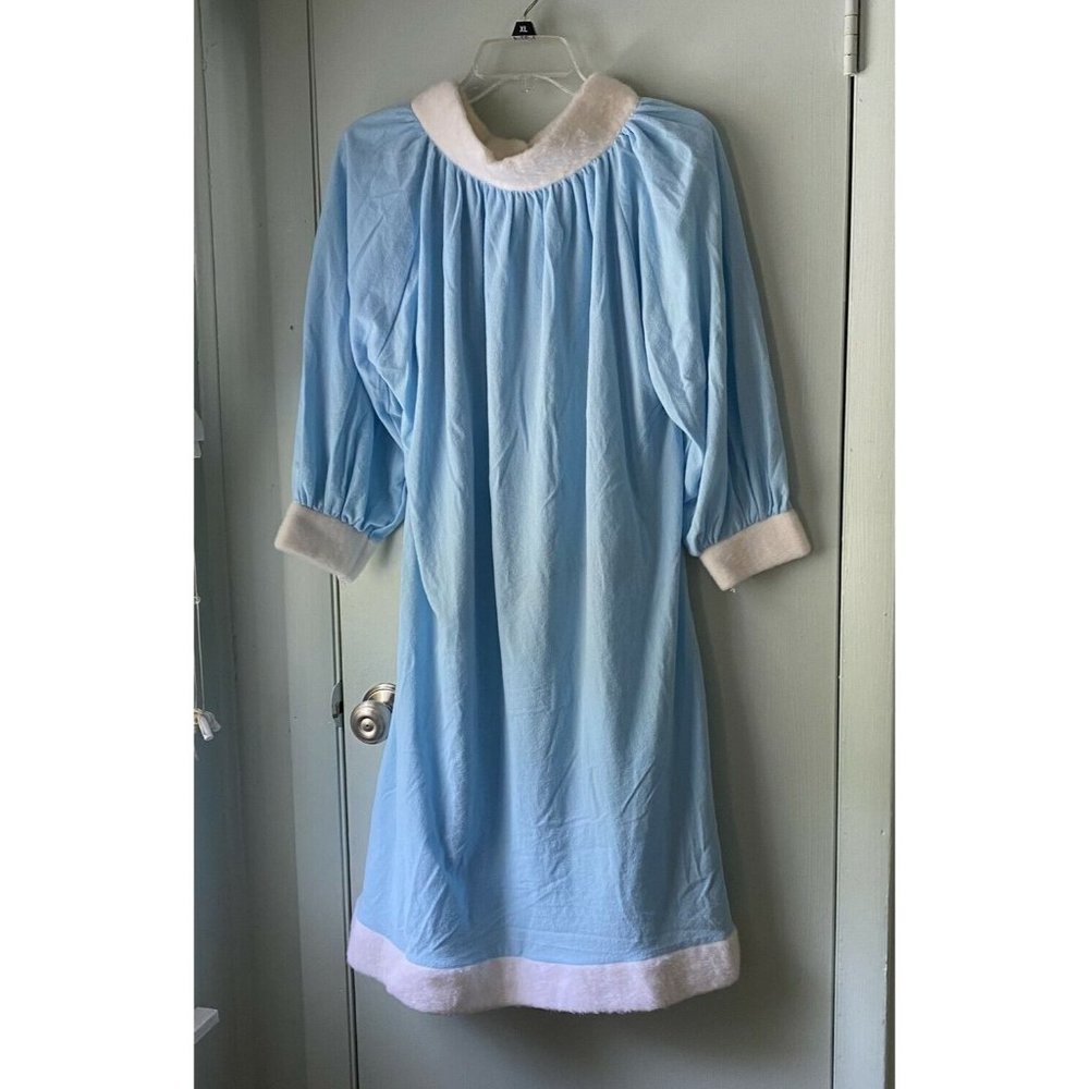 Vintage Nightgown Tricot Blue Faux Fur Trim Knee Length Medium Cozy Warm
